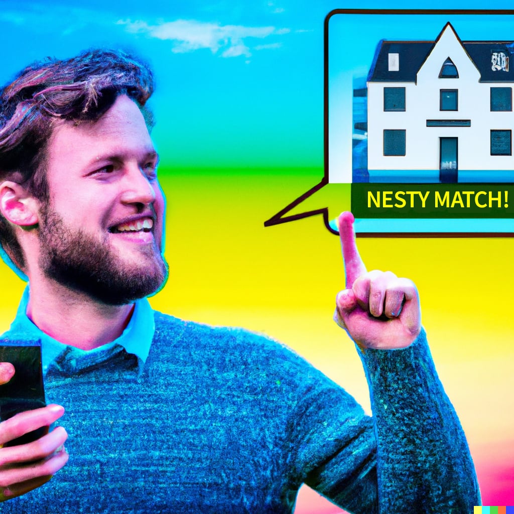 Funny April Fools picture of man holding mobile phone making a house match.